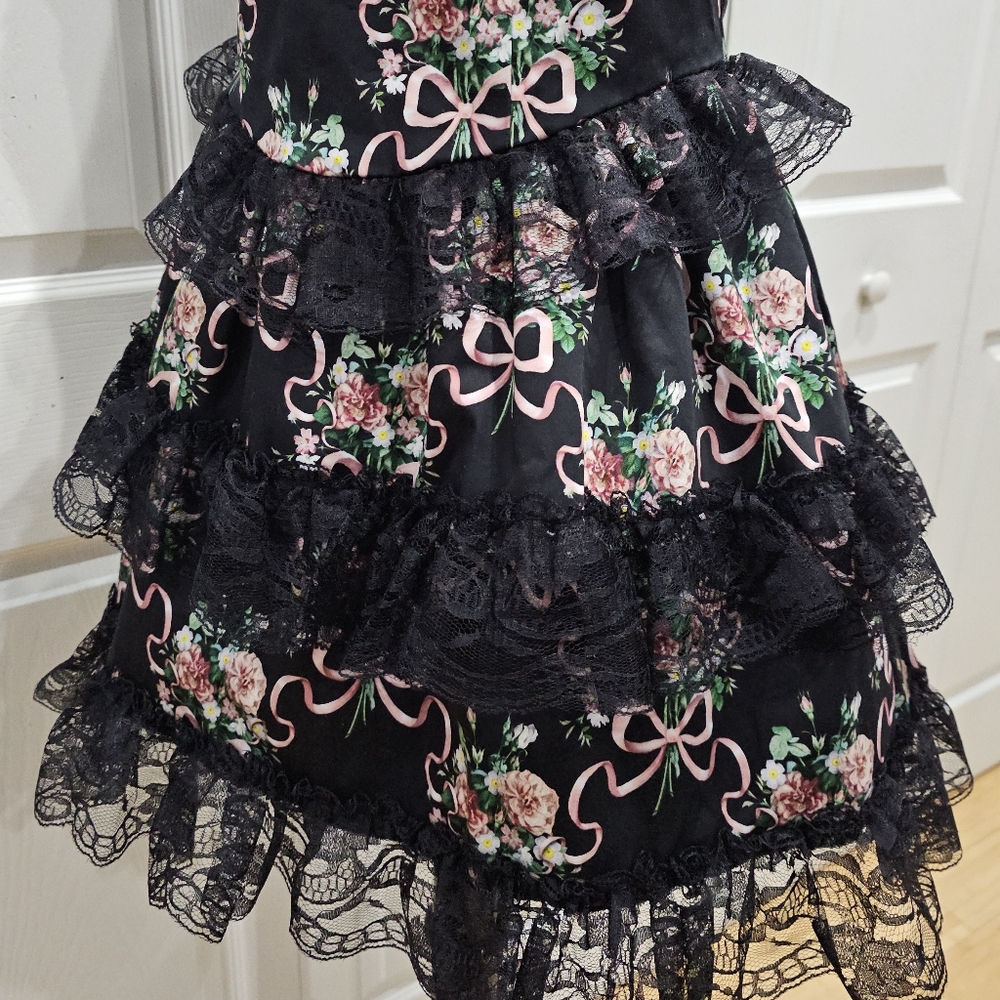 Dolls Kill Widow Goth Bows Floral Bewitched Bloom Tiered Black Lace Mini Dress - Picture 9 of 11